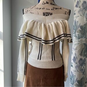 White Off The Shoulder Striped Ruffle Coquette Sweater NWT